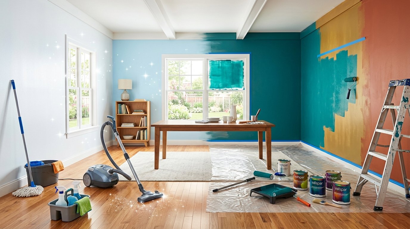 Dynamic room showing both cleaning and painting transformation