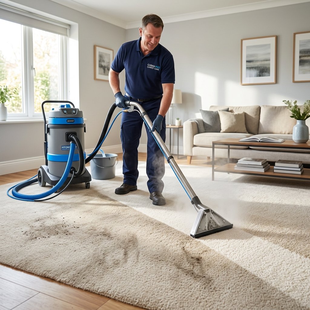 Professional steam cleaning machine on a plush carpet showing before and after results