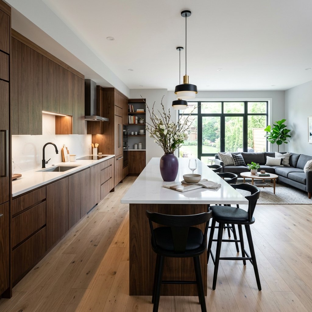 A breathtaking freshly remodeled modern kitchen with quartz countertops, custom cabinetry, and abundant natural light