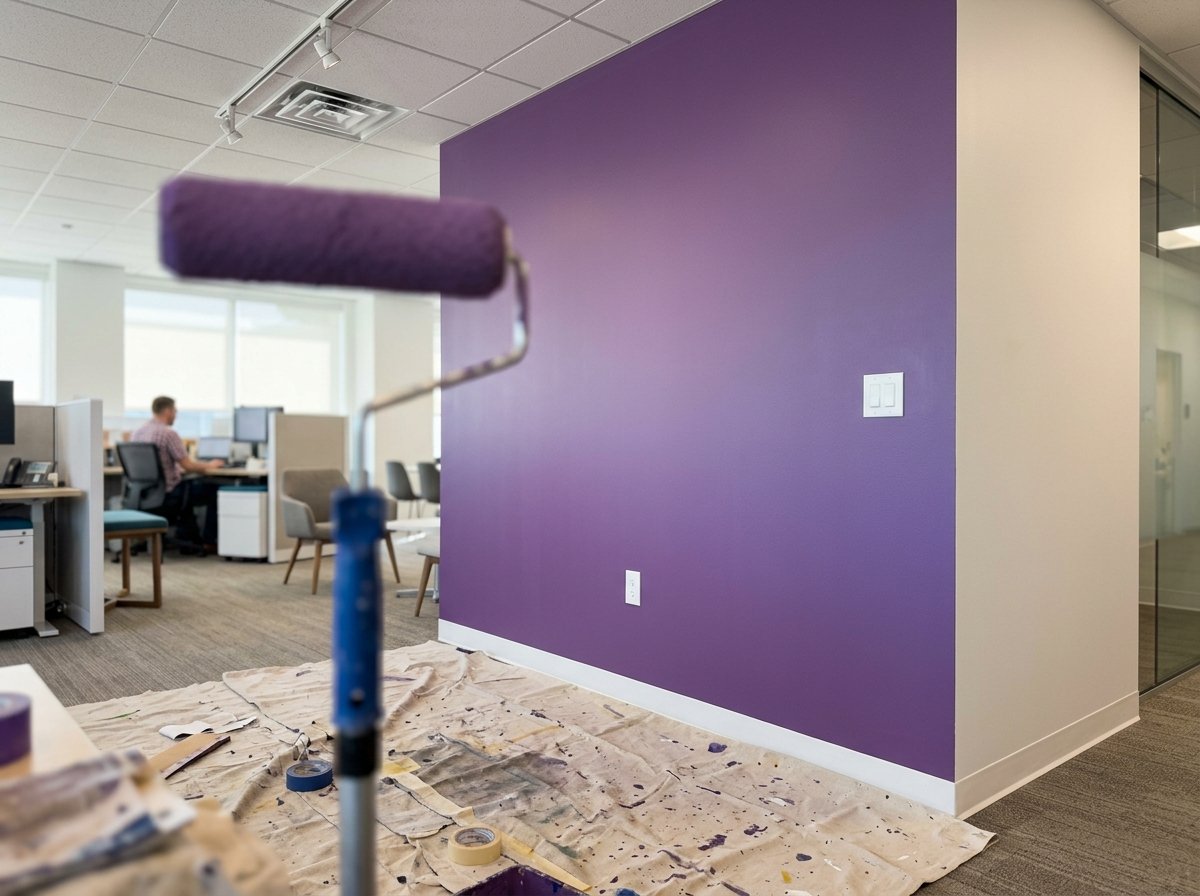A perfectly smooth, vibrant purple accent wall in a commercial office, freshly painted